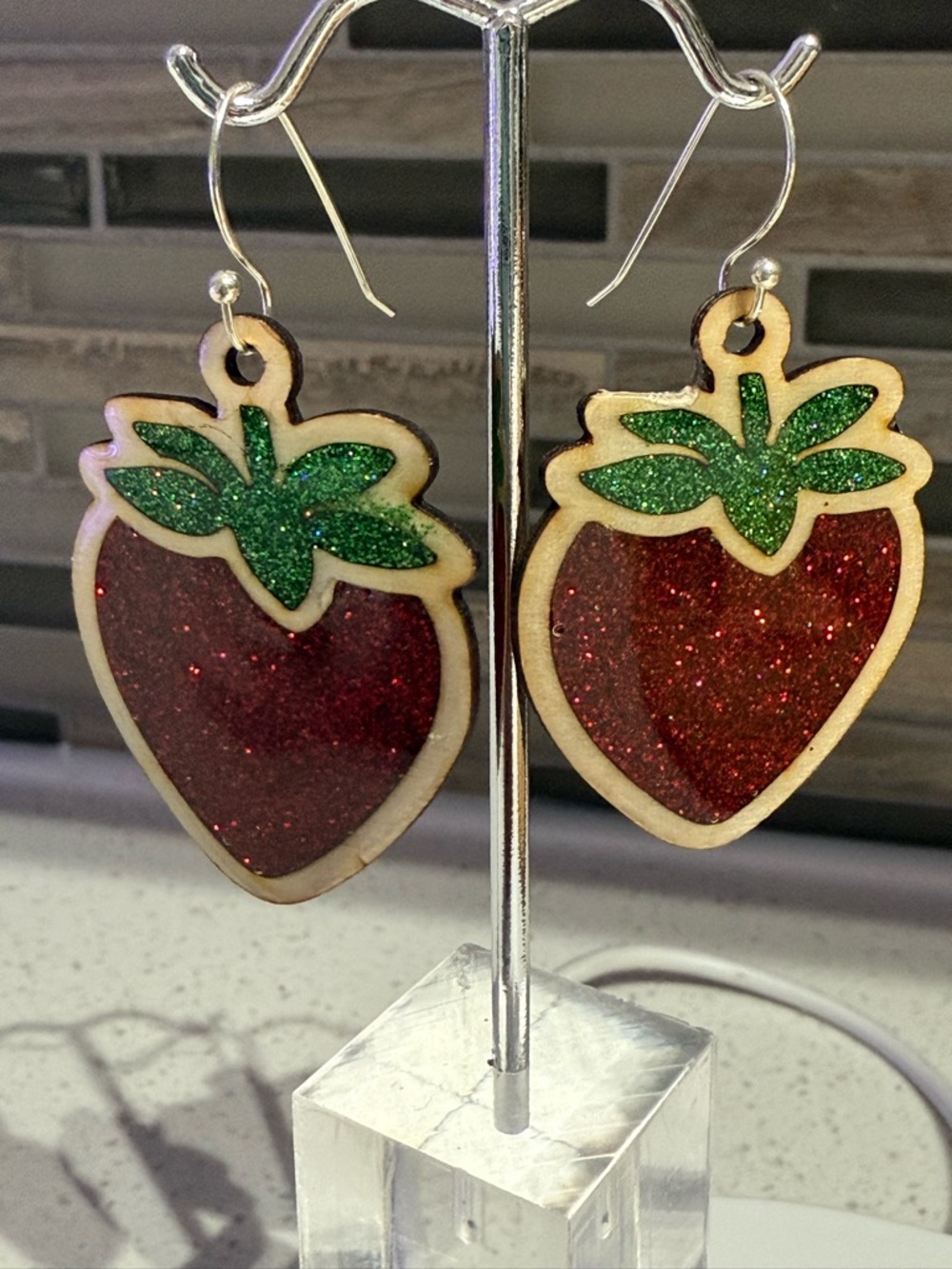 Handcrafted Red Glitter Strawberry Drop Earrings with Green Leaves